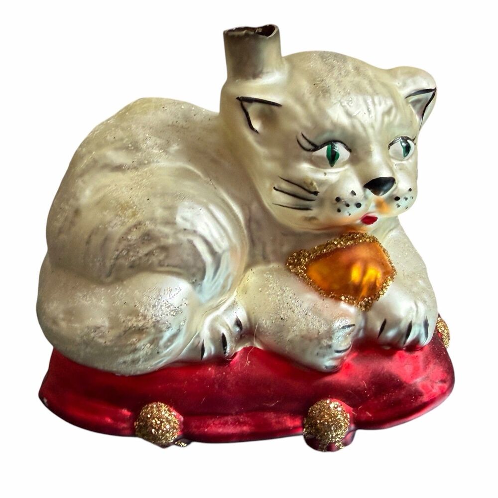 VTG Christmas Ornament Poland Mouth Blown Glass Painted White Cat on Red Pillow